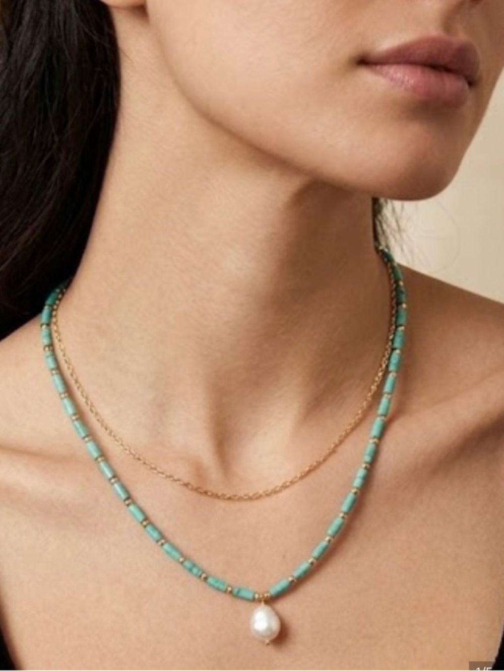 Plunder NWT Gold Chain & Mint Bead Necklace with Pearl Pendant